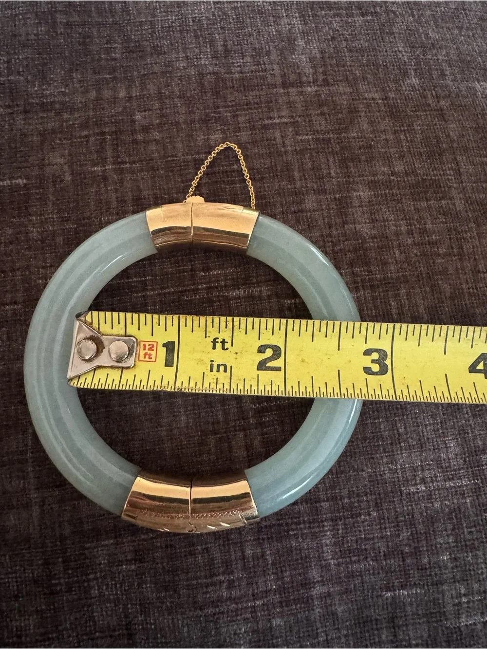 Vintage 14K Yellow Gold, Engraved Hinge and Plunger Clasp Jadeite Jade Bangle